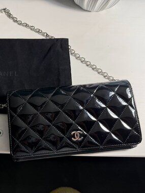 Chanel Black Patent Wallet on Chain Style WOC w/Chain, Black Card & Dust Bag